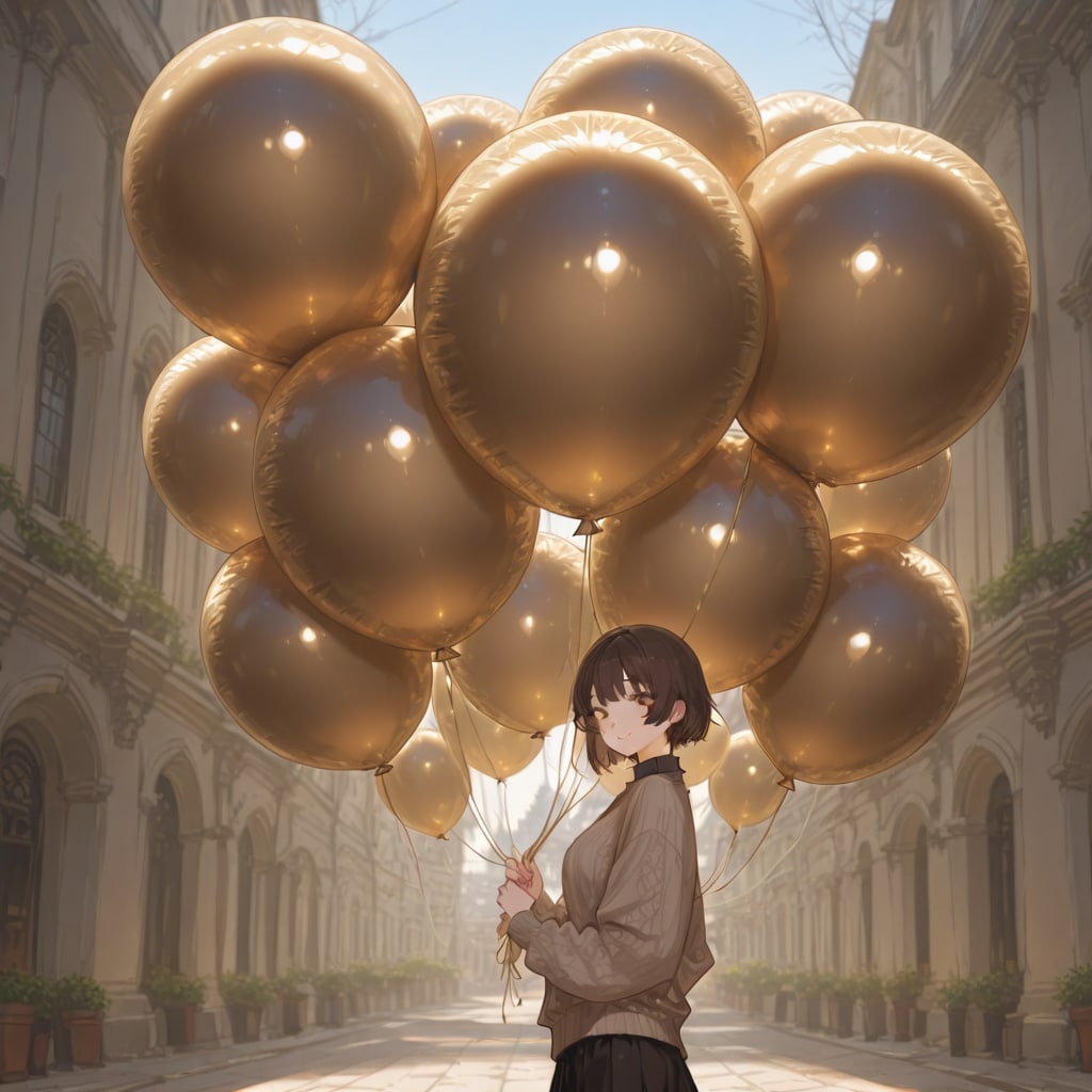 いっぱい巨大風船を持つブラウンショートカットの毛糸のセーター着た美女