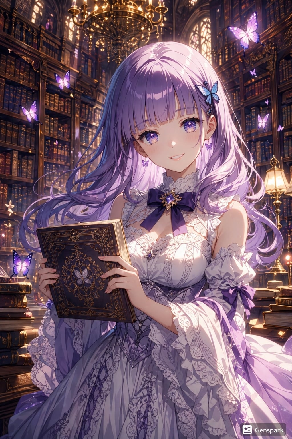 紫音(しおん)　グランドライブラリー 天井まで届く本棚がある壮大な図書館で、古書を手に取る優雅な姿 | の人気AIイラスト・グラビア