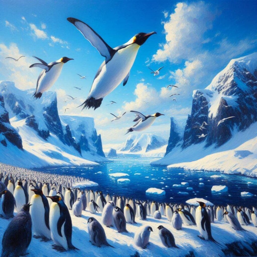 油絵アニメ風、空飛ぶペンギン