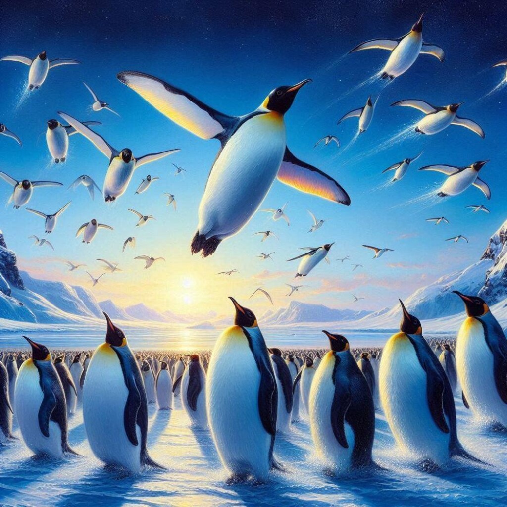 油絵アニメ風、空飛ぶペンギン