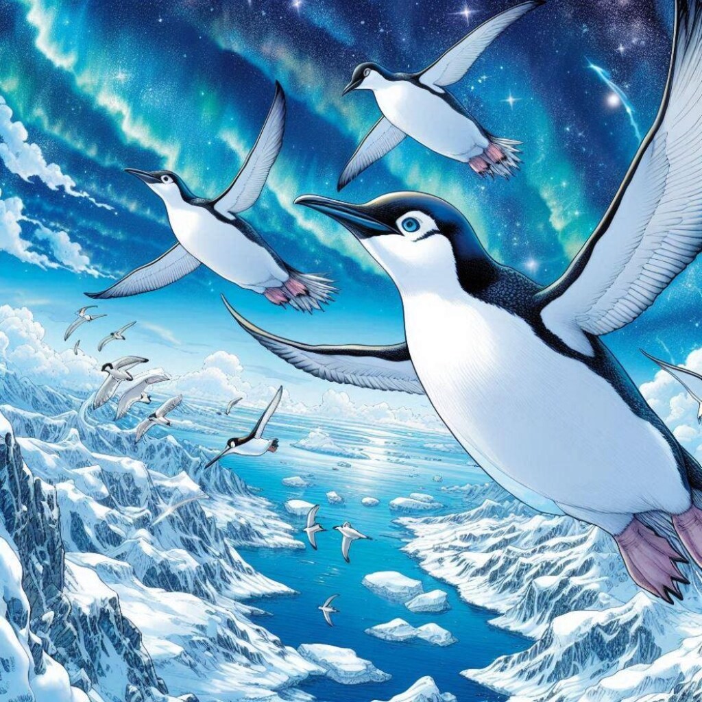 油絵アニメ風、空飛ぶペンギン