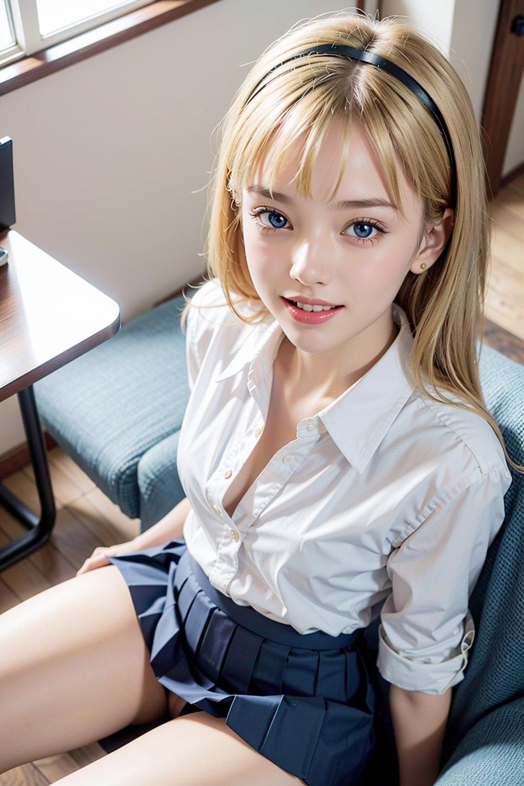 AIイラスト白ギャル貧乳ロリ顔　エロ画像　18歳女子校生海外コスプレイヤー　「お父さんの手が触れるだけで、ムラムラするよ！」