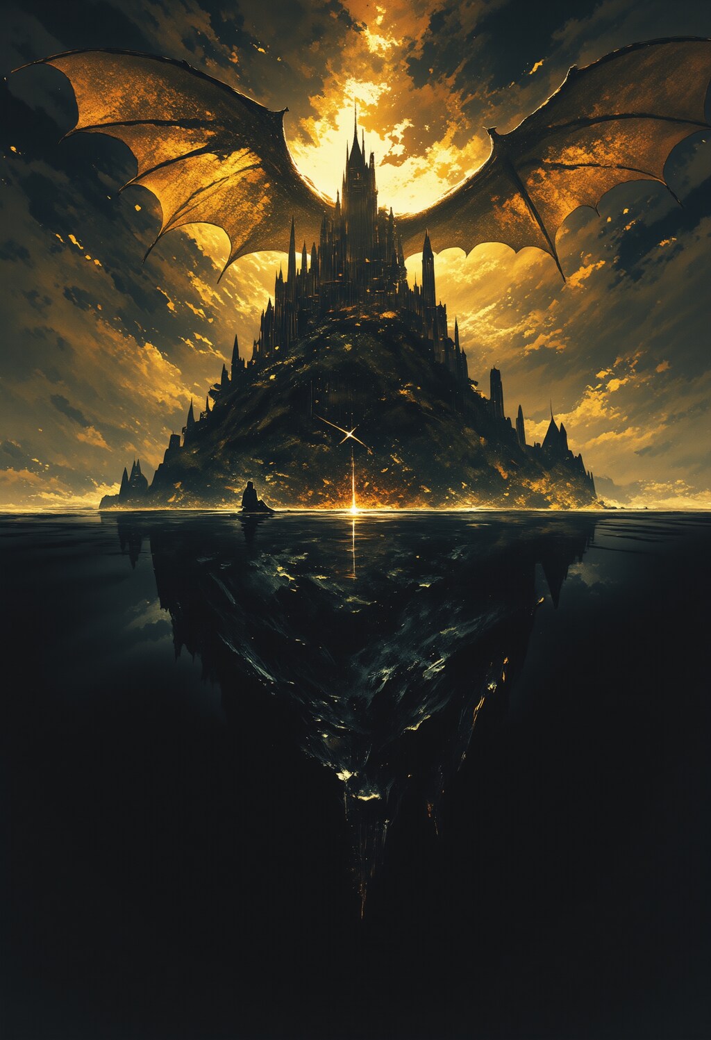 湖に浮かぶ古城のドラゴン