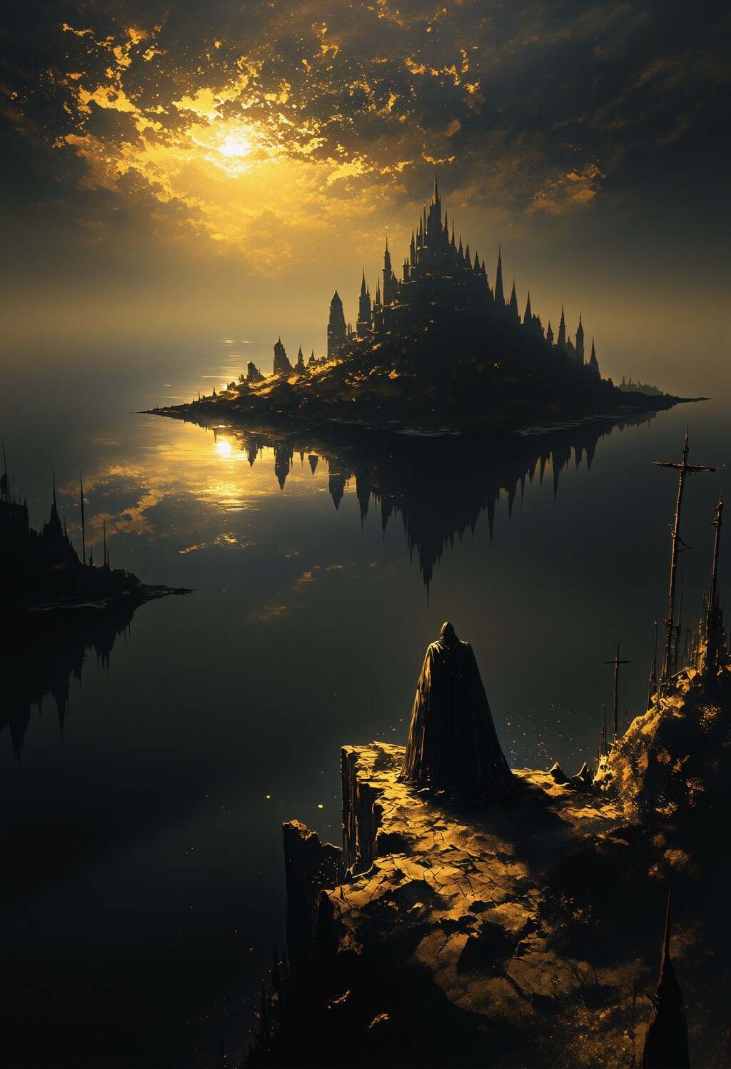 湖に浮かぶ古城のドラゴン