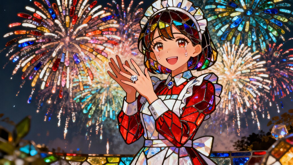 プロポーズされるステンドグラスの赤髪メイド