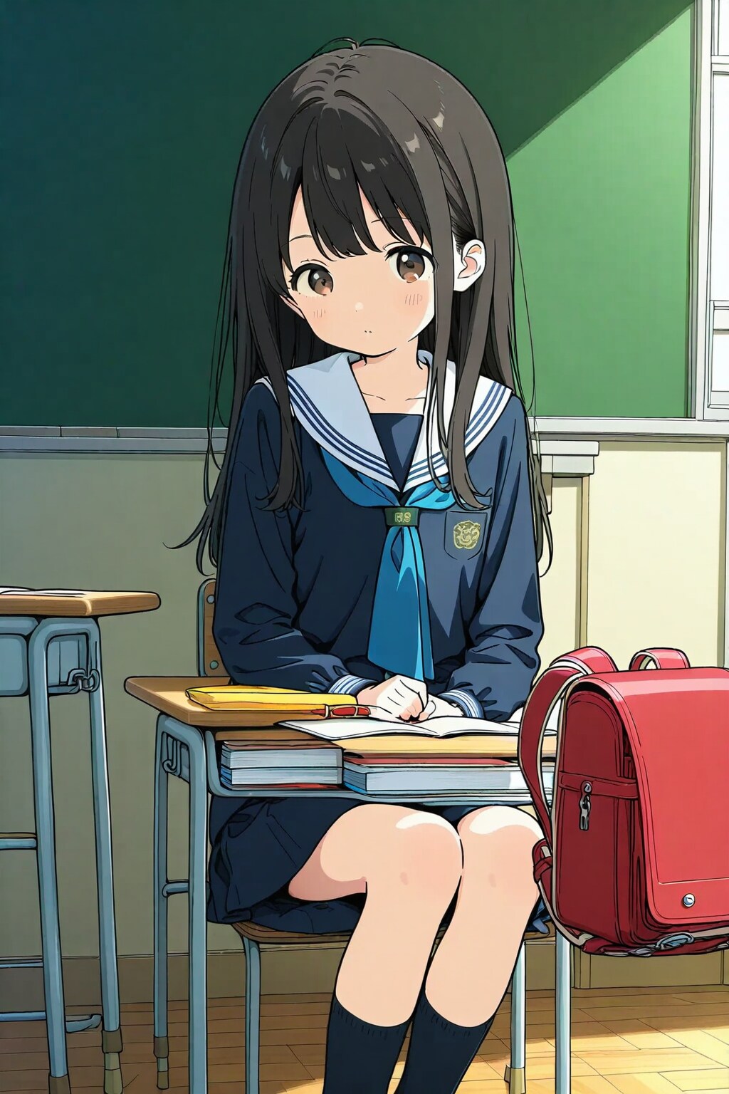 変な向きで席に座る女の子と宙に浮くランドセル