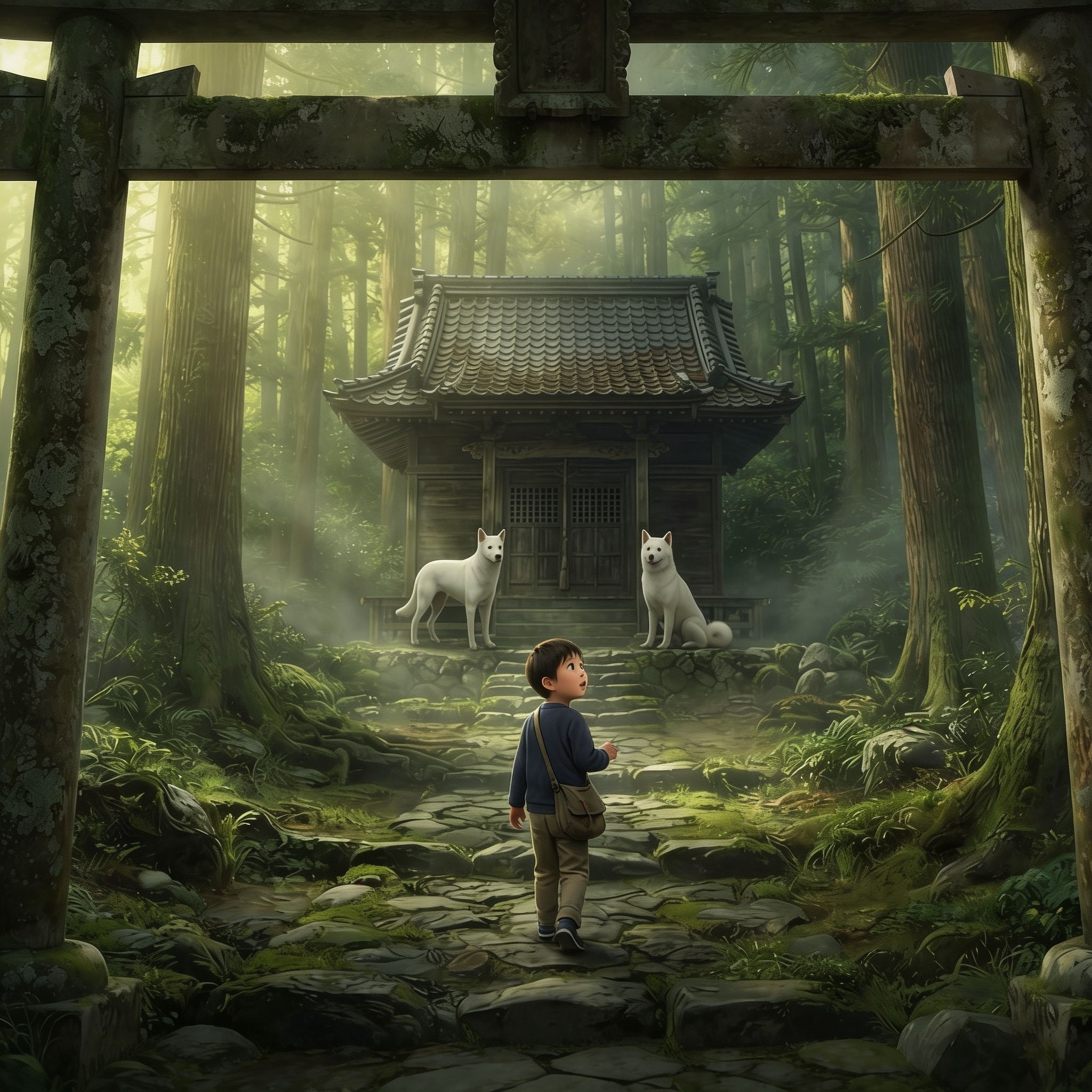 とある森林に囲まれ神秘的な雰囲気に包まれた神社の鳥居をくぐる7歳の男の子。 社の扉の手前左右に分かれて 突如現れた白くきれいな雄犬と雌犬が鳥居をくぐって来た男の子を見守りながら待っている。 | の人気AIイラスト・グラビア