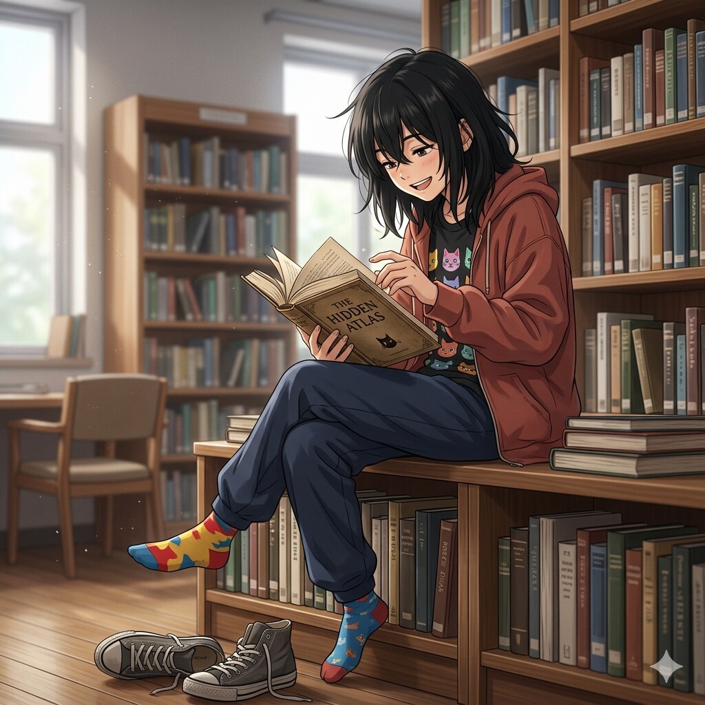 図書館で本を読むピコ
