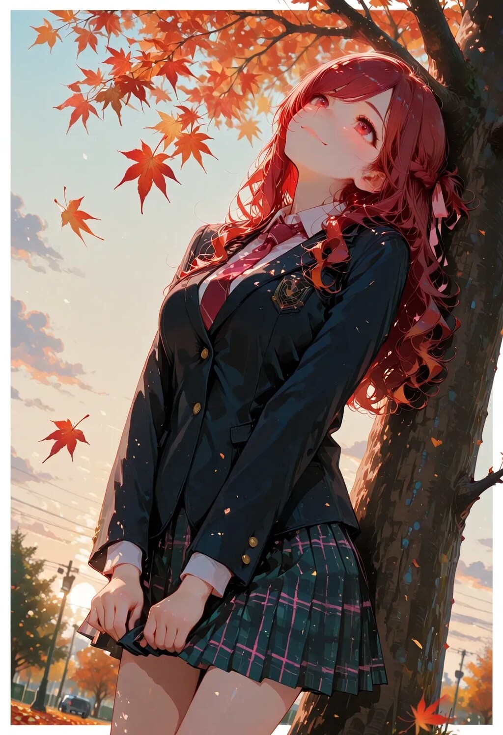 色付く紅葉と赤河ミオちゃん