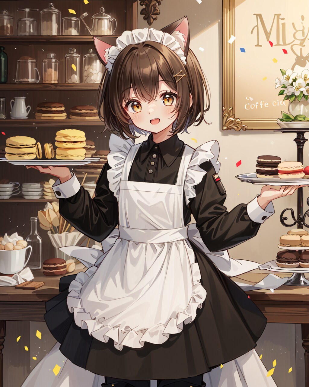 マカロンを運ぶ喫茶店で働く猫娘