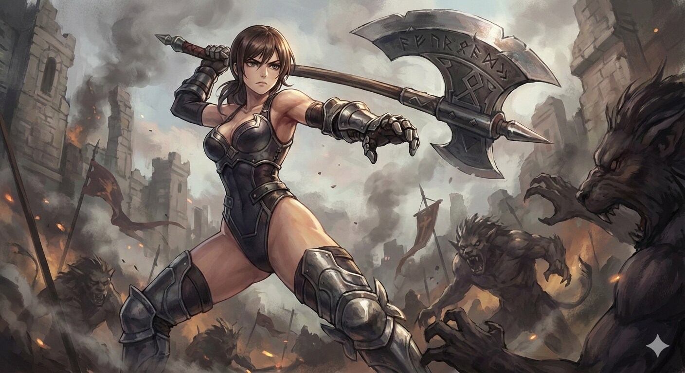 戦斧を振るう女戦士