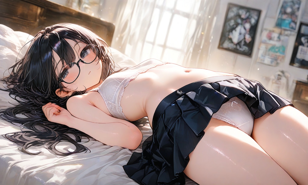 黒髪メガネロングブラ