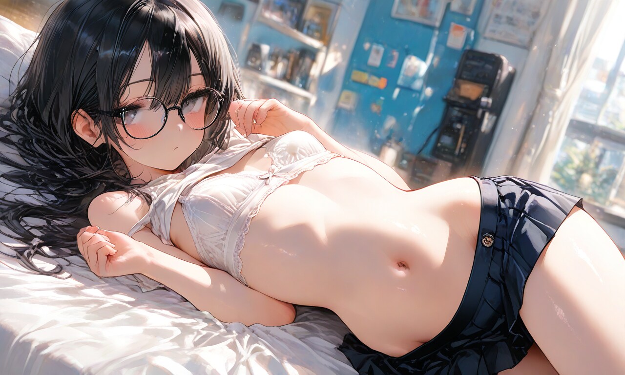 黒髪メガネロングブラ