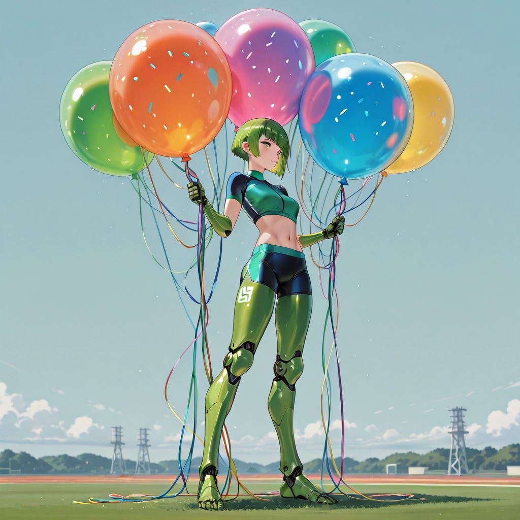 色とりどりの巨大風船を持つ緑色ショートカットの義足付けた美女アスリート | の人気AIイラスト・グラビア