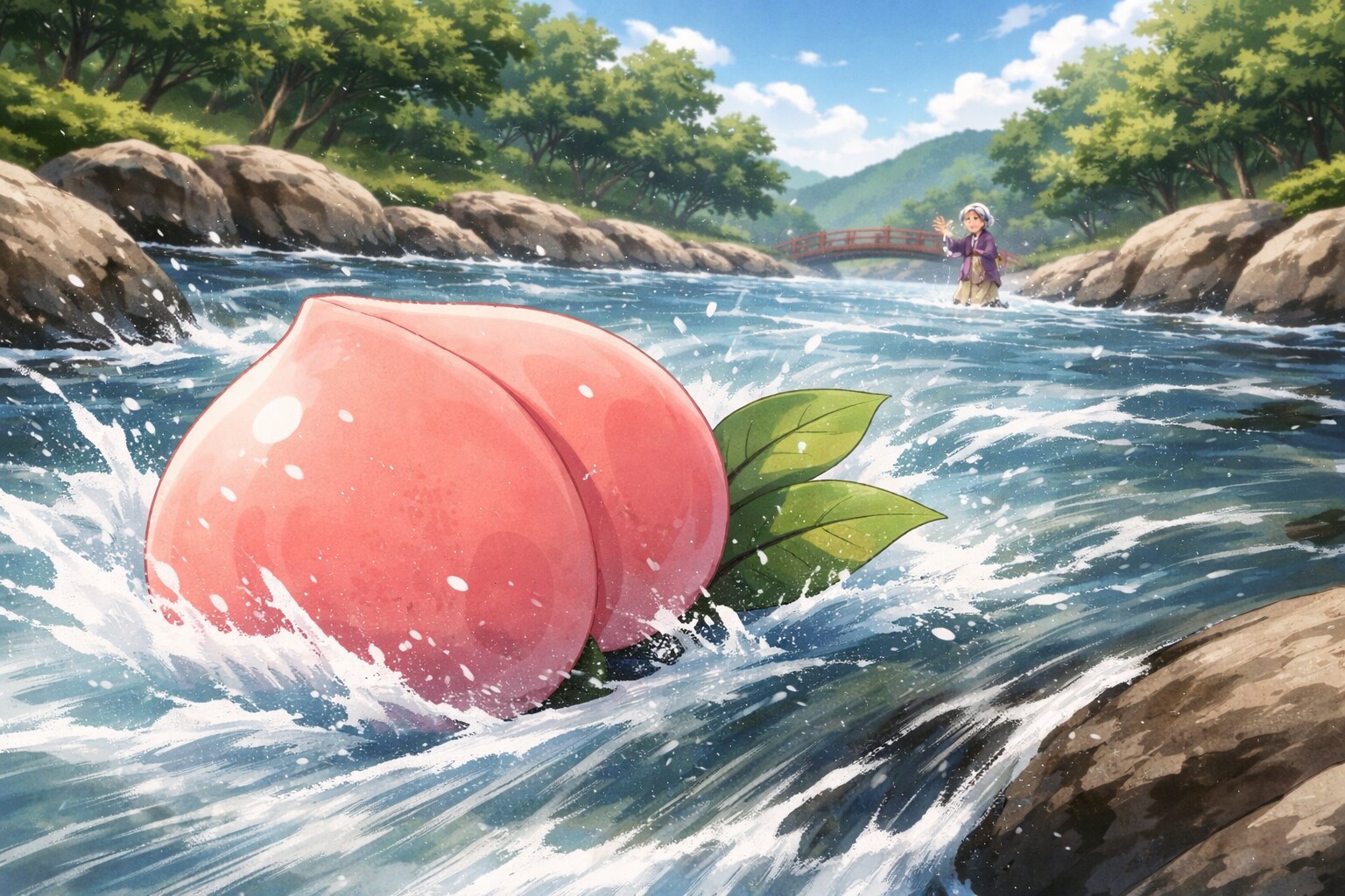 桃を取り逃がすおばあさん