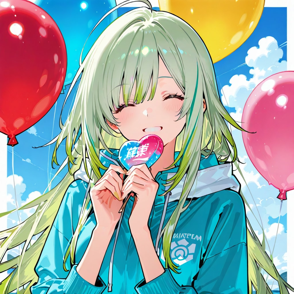 いっぱい風船を持つ緑髪ロングのお天気キャスターの美女