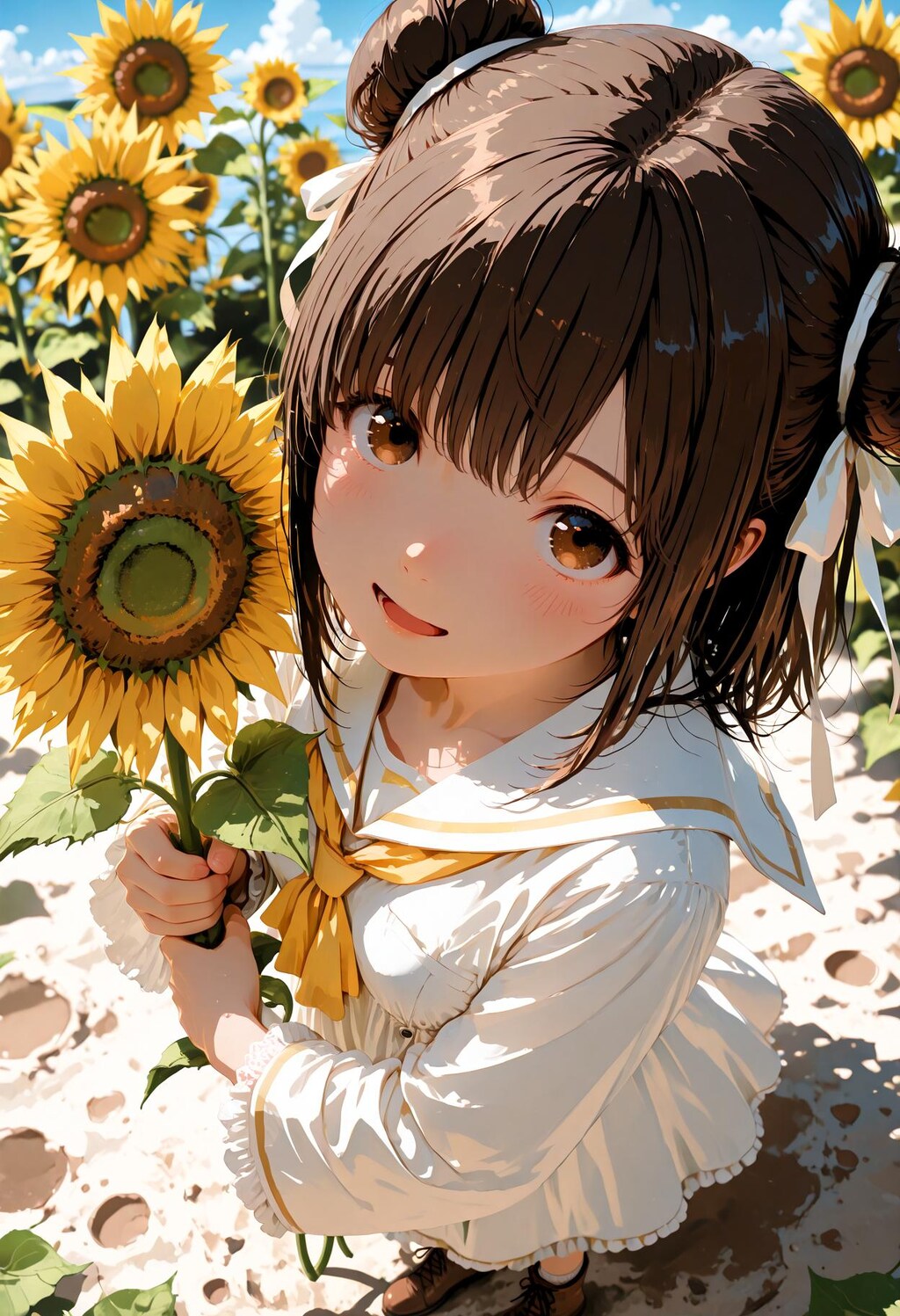 ひまわり畑とセーラードレスのお団子少女