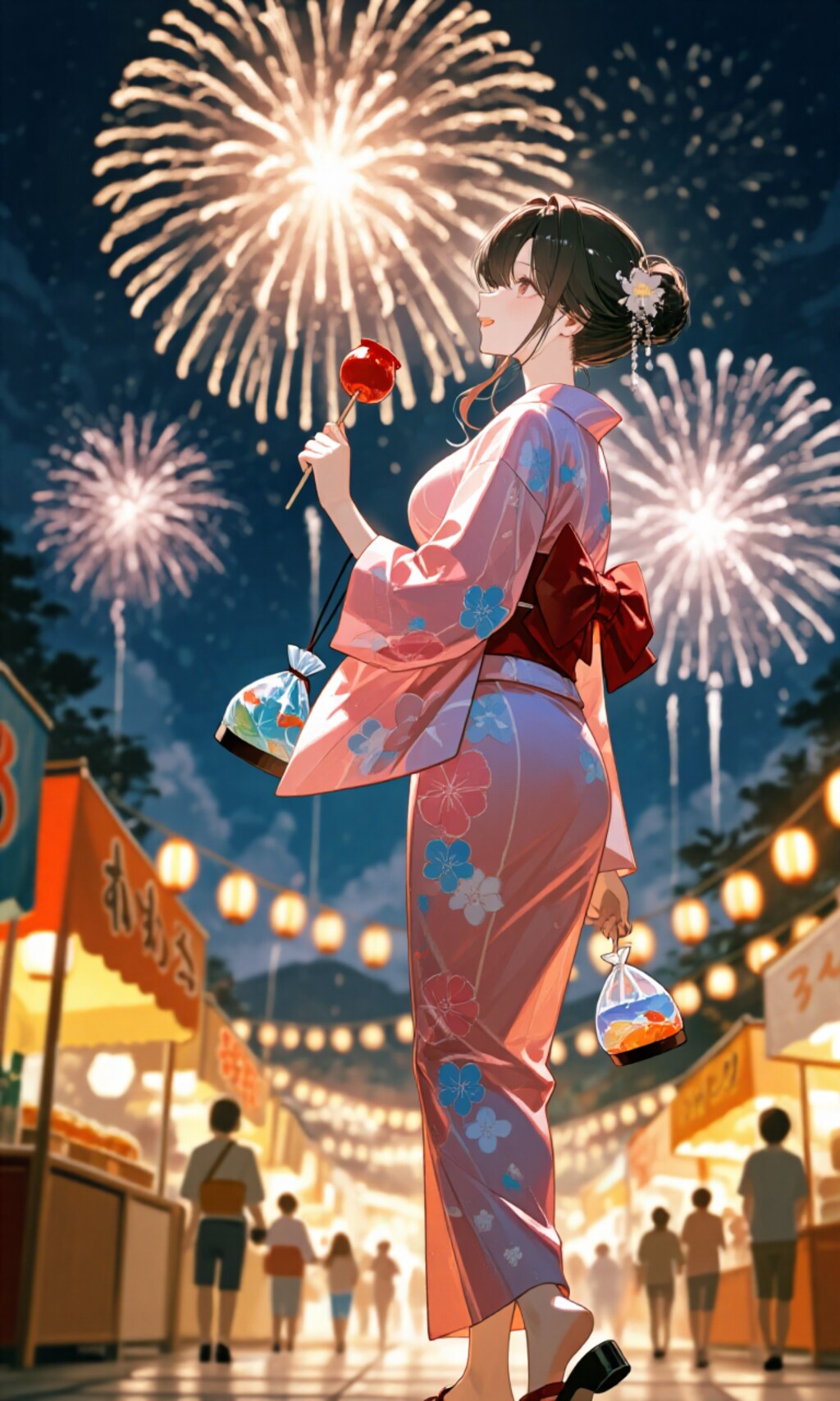 りんご飴と花火の夜