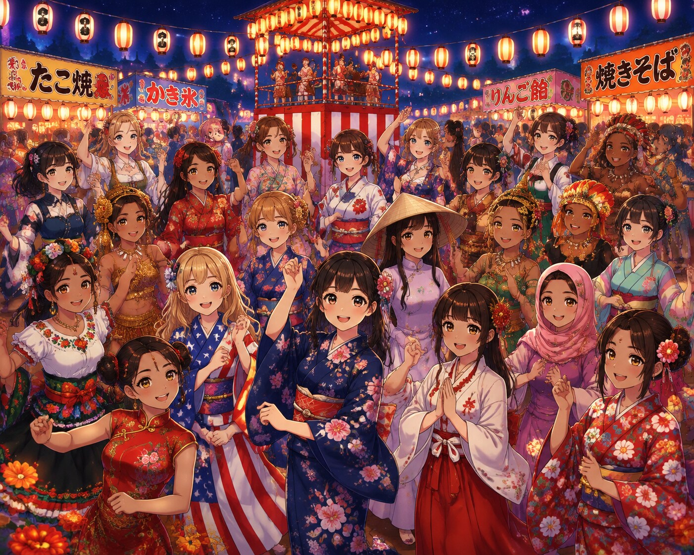 アジア太平洋の女の子が集まった盆踊り