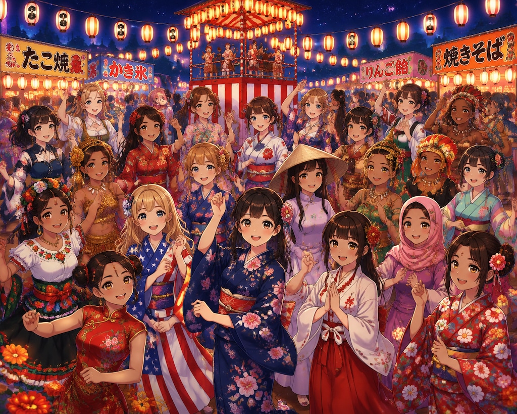 アジア太平洋の女の子が集まった盆踊り