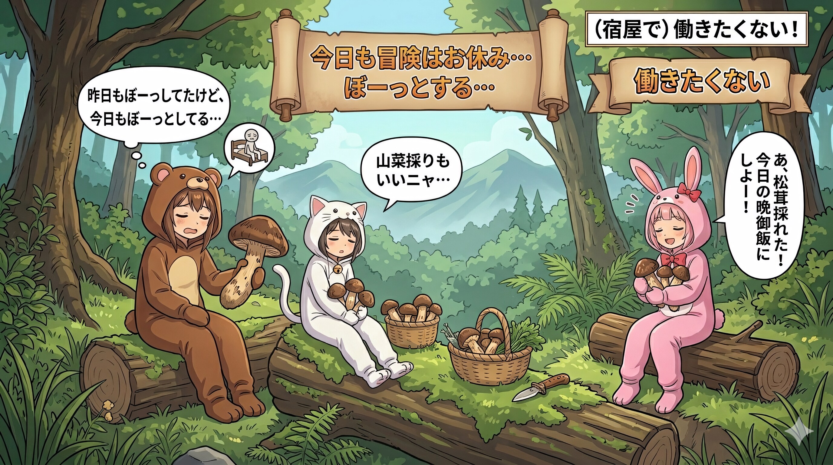 【All0507b】今日も朝からみんなのやる気が出ない、気分転換に山に松茸を取りに行くことにした。（NanoBanana2）