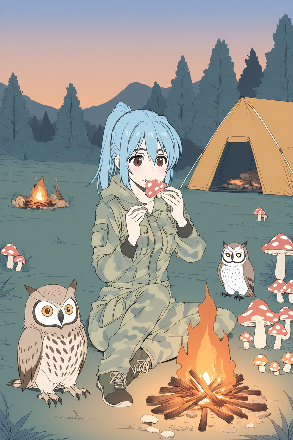 キャンプをする青髪ちゃん