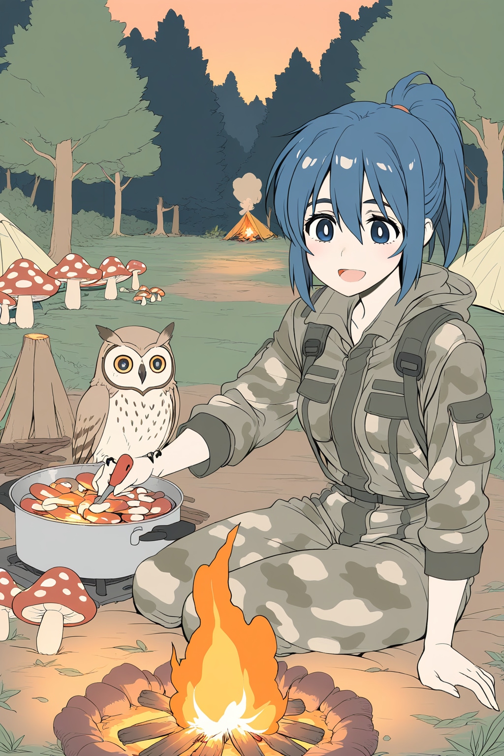 キャンプをする青髪ちゃん | の人気AIイラスト・グラビア