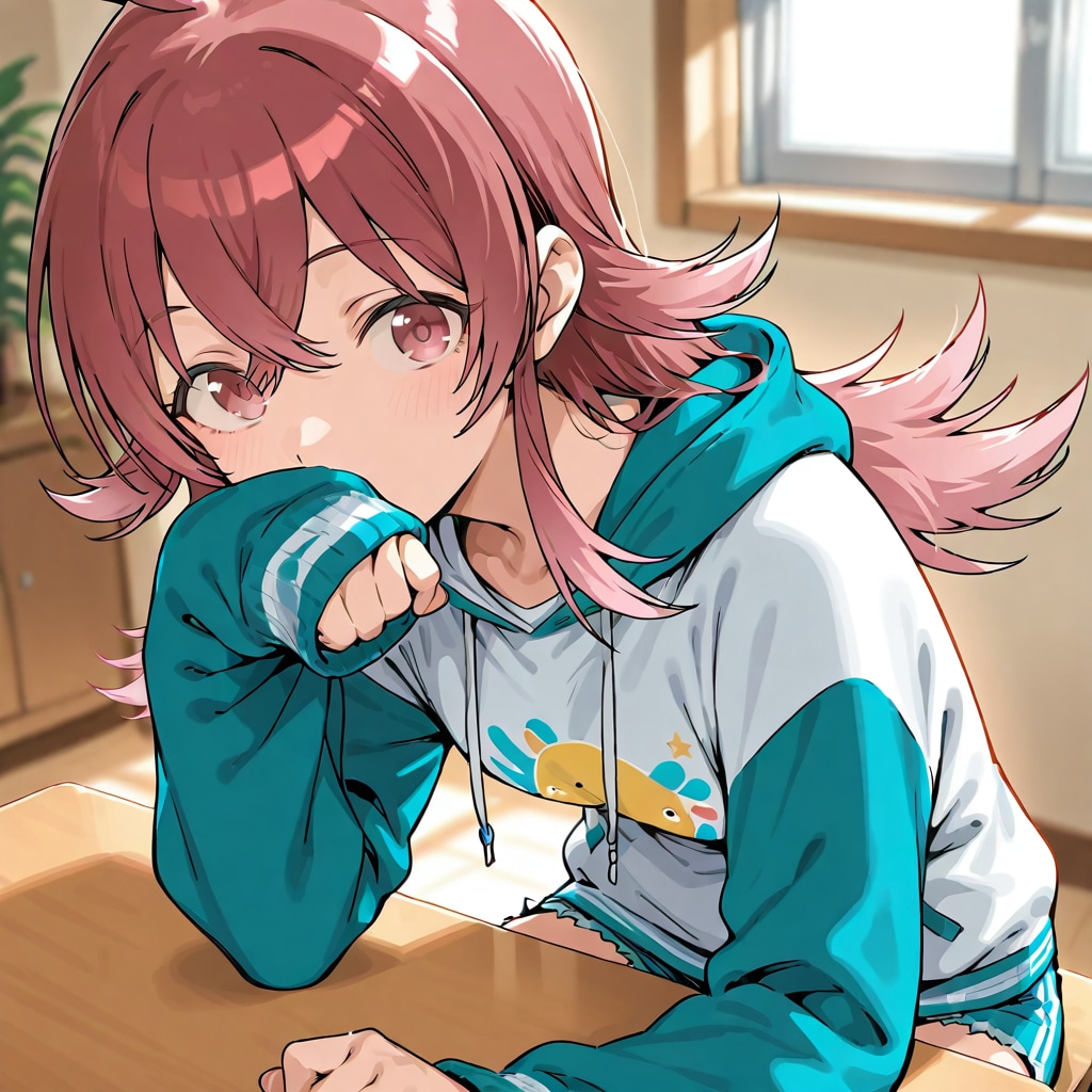 パーカーの袖で鼻を拭いている小宮果穂