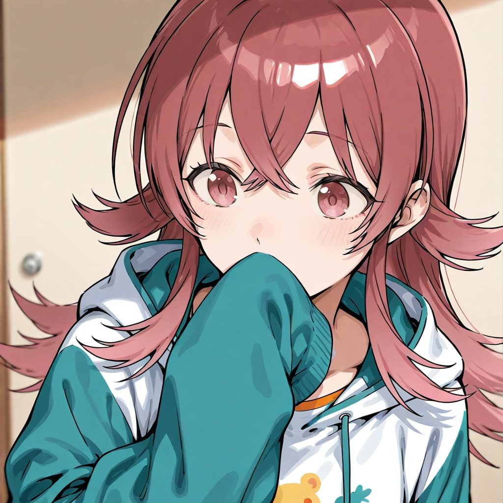 パーカーの袖で鼻を拭いている小宮果穂