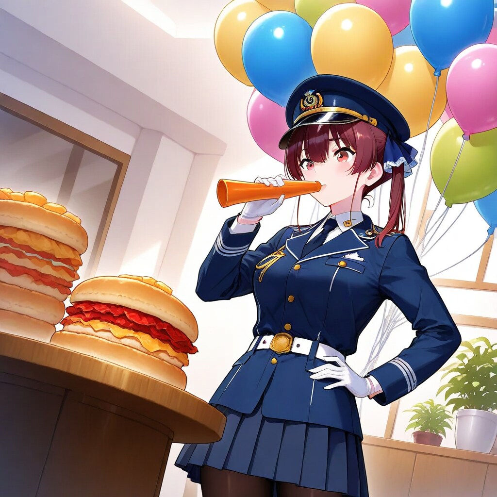 いっぱい風船を膨らませて遊ぶ海兵服の美女