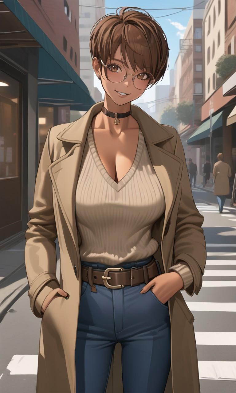 コートを着た日焼け彼女
