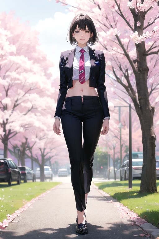 へそ出しパンツスーツOLの花見