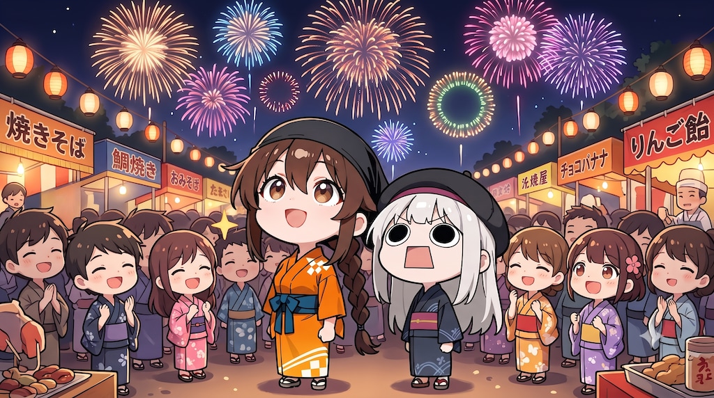 花火大会を楽しまれる師匠さんとえらいこっちゃ嬢