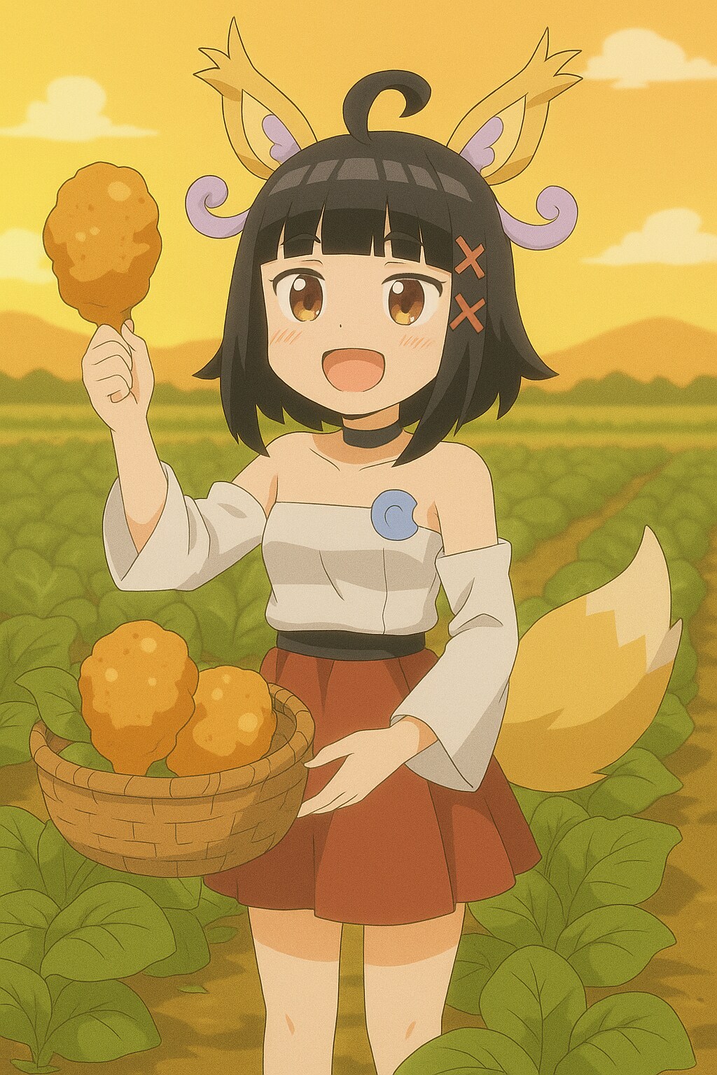 畑で唐揚げを収穫する少女