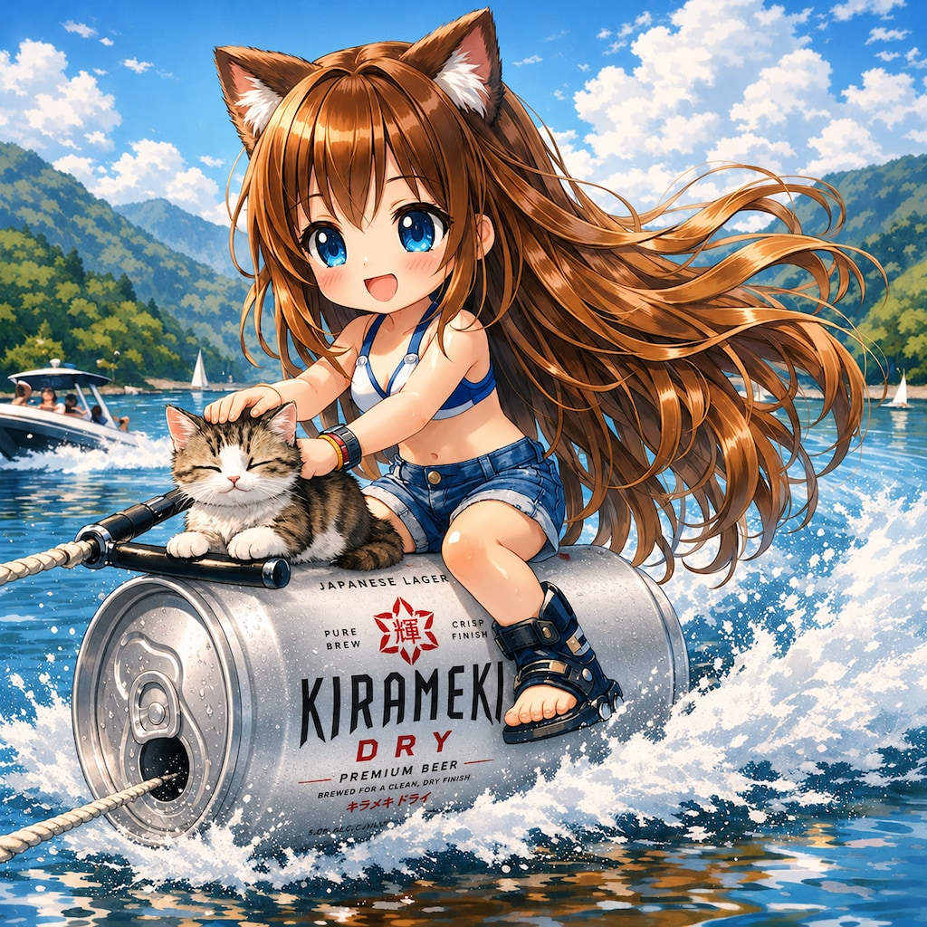 水上スキーをしながら猫を撫でる小さな女の子