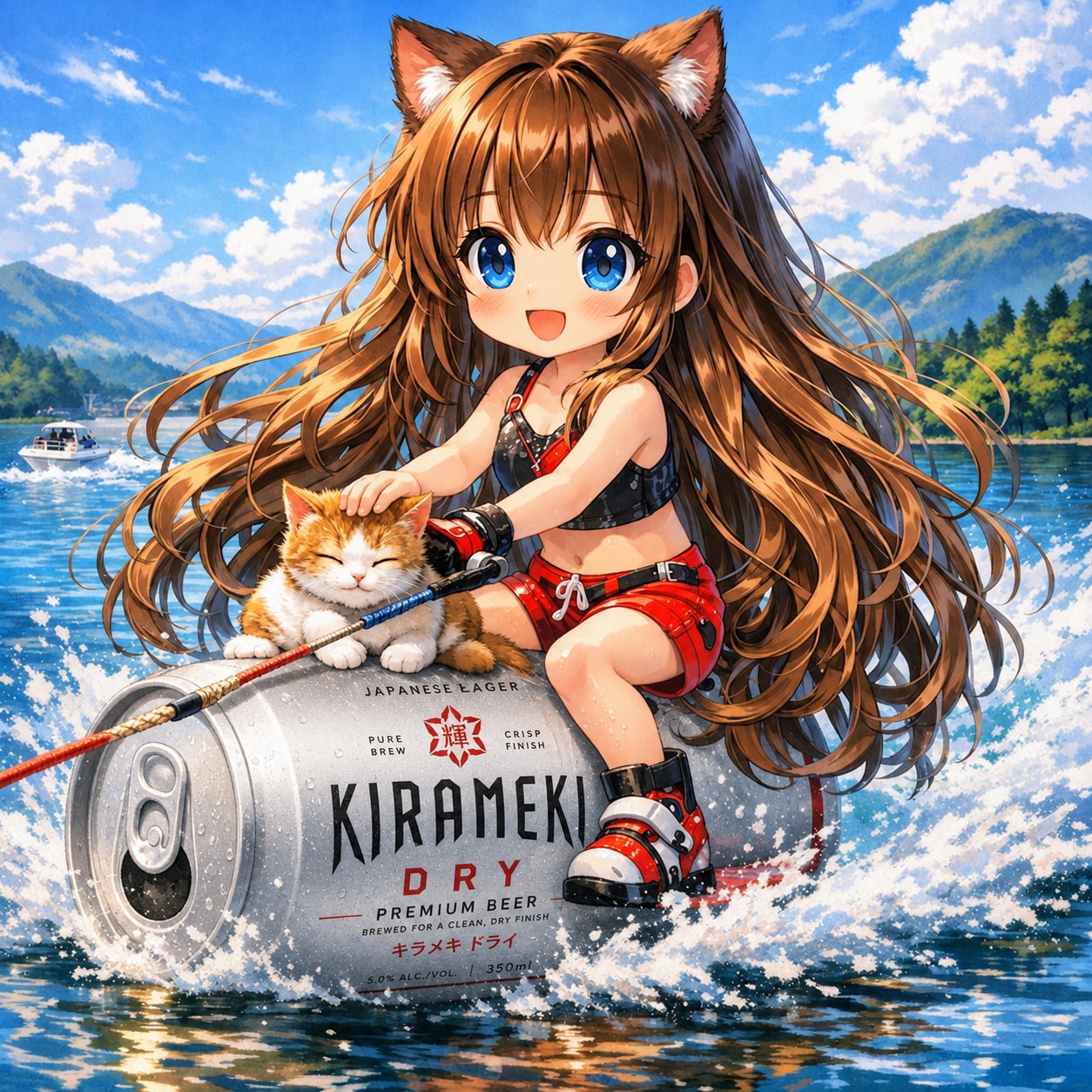 水上スキーをしながら猫を撫でる小さな女の子 | の人気AIイラスト・グラビア