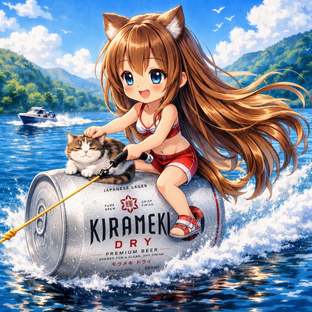 水上スキーをしながら猫を撫でる小さな女の子