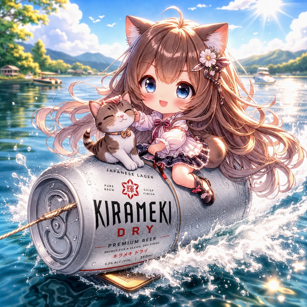 水上スキーをしながら猫を撫でる小さな女の子