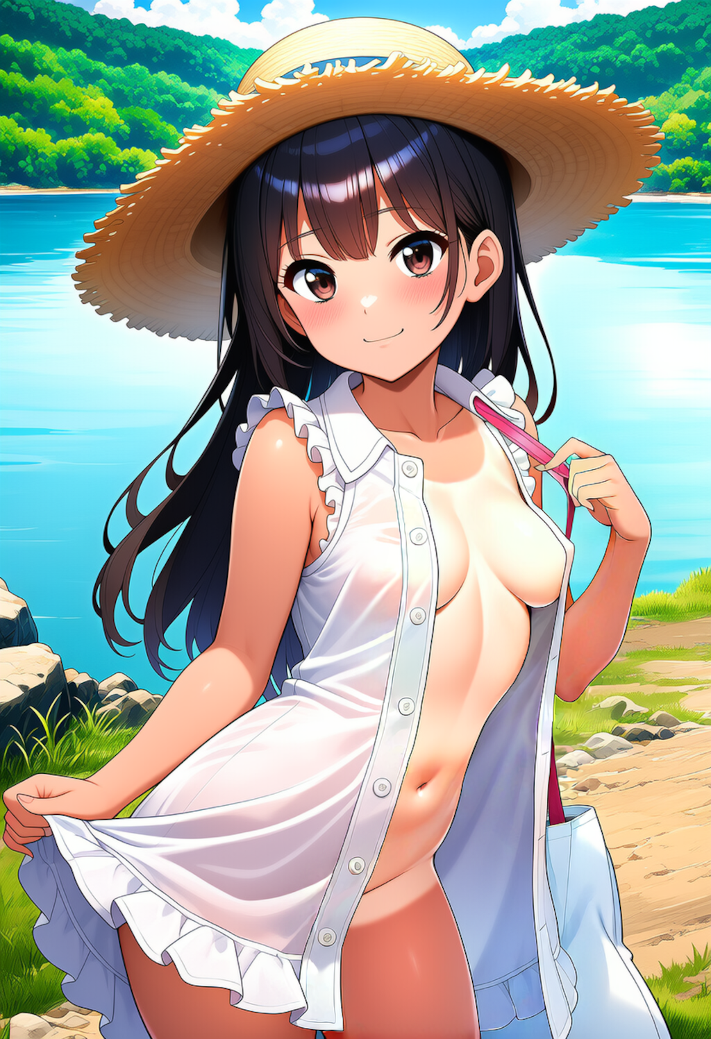 湖畔の隅で着替え