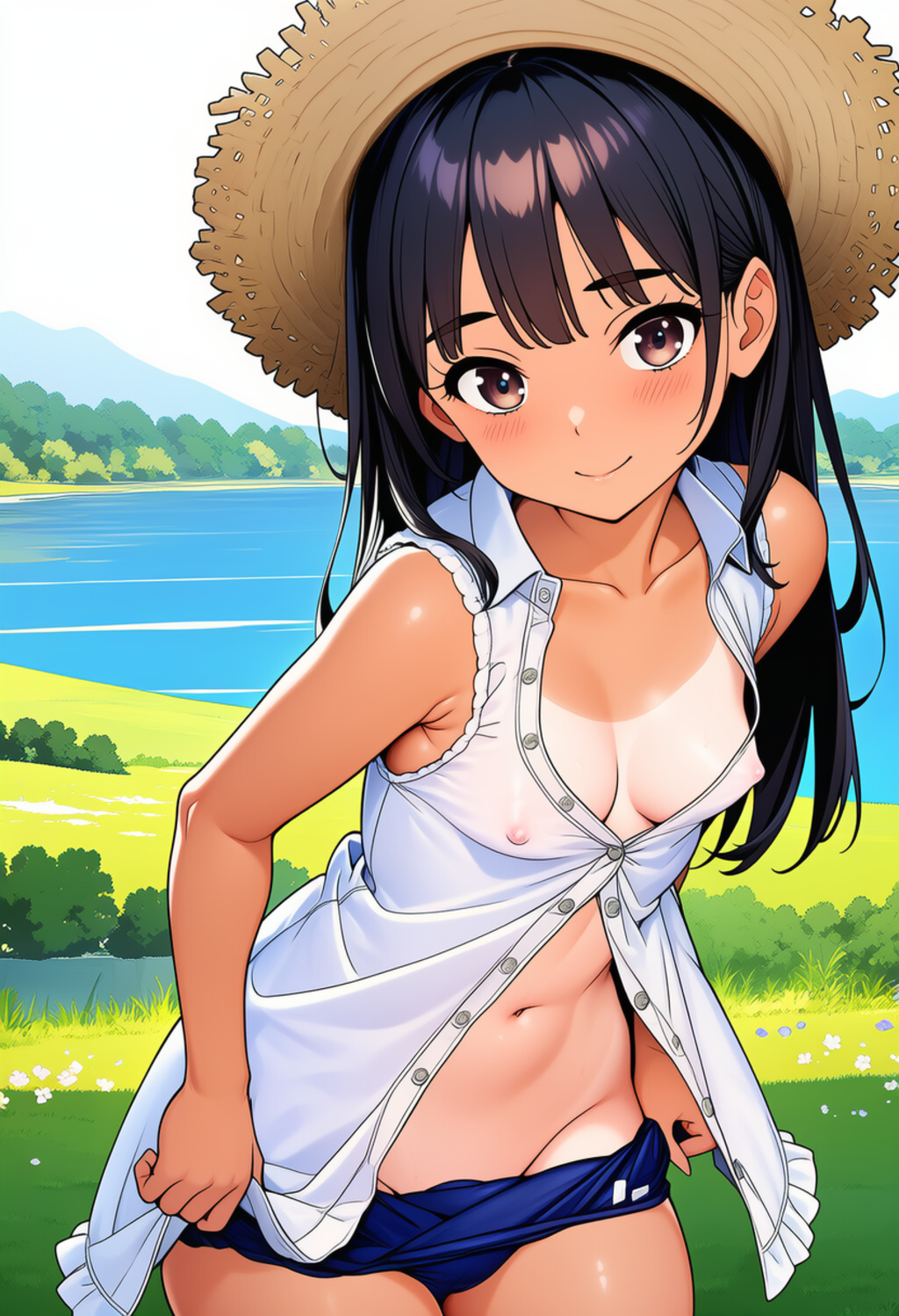 湖畔の隅で着替え