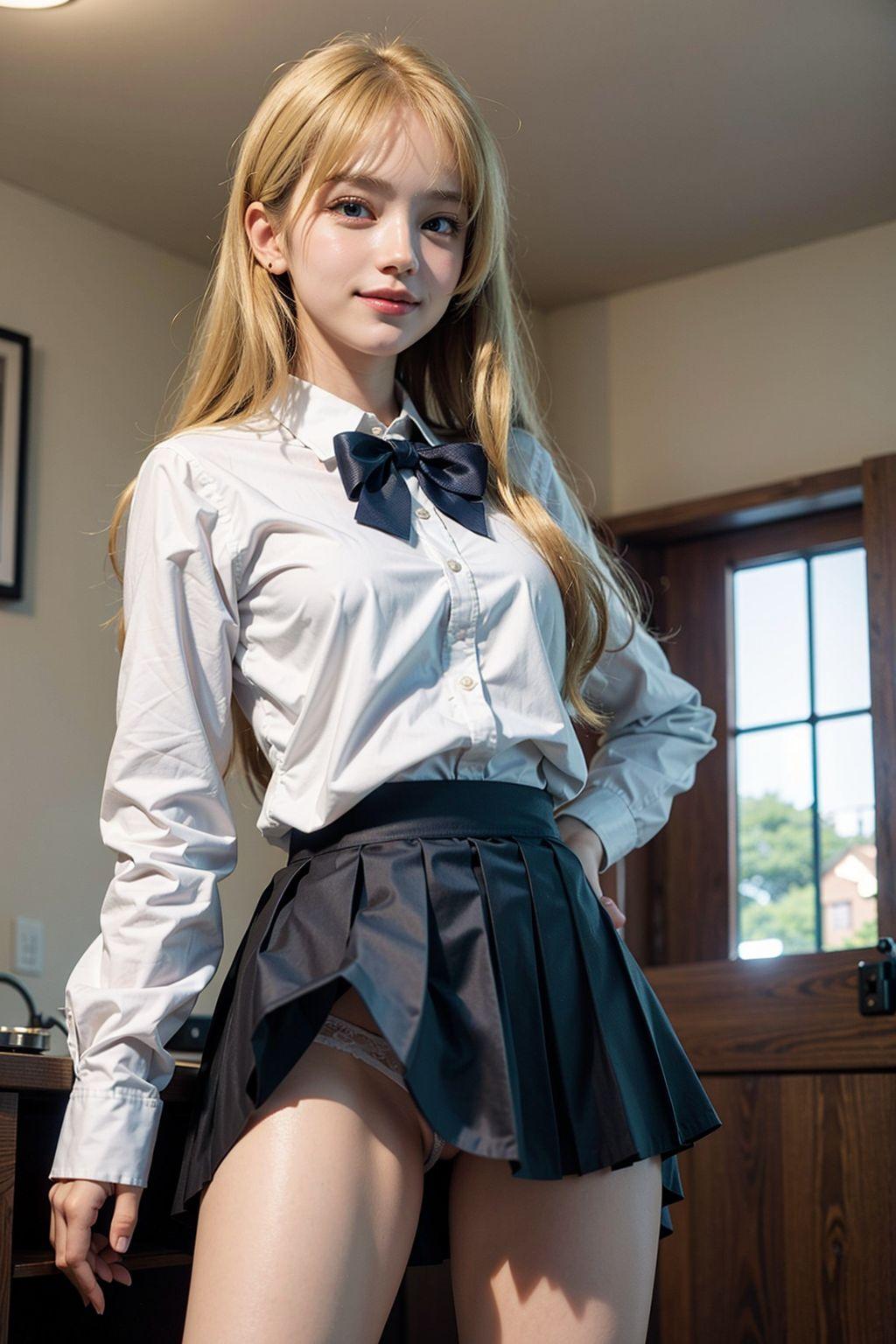 AIイラスト白ギャル貧乳童顔　エロ画像　服ぺちゃん　女子校生海外コスプレイヤ　 私のパンツを少しだけ見せてあげる
