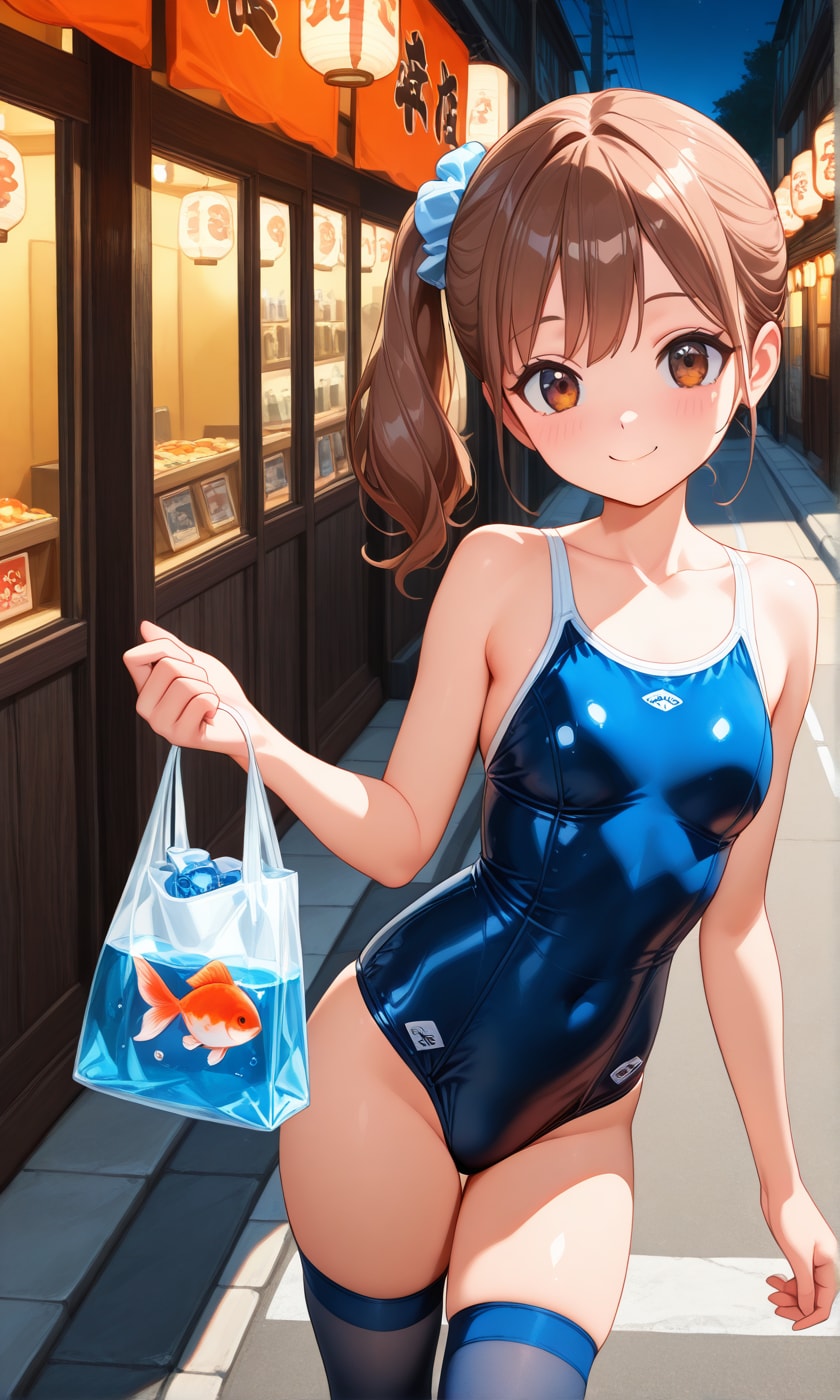 夏祭りを楽しむスク水サイドポニー女子