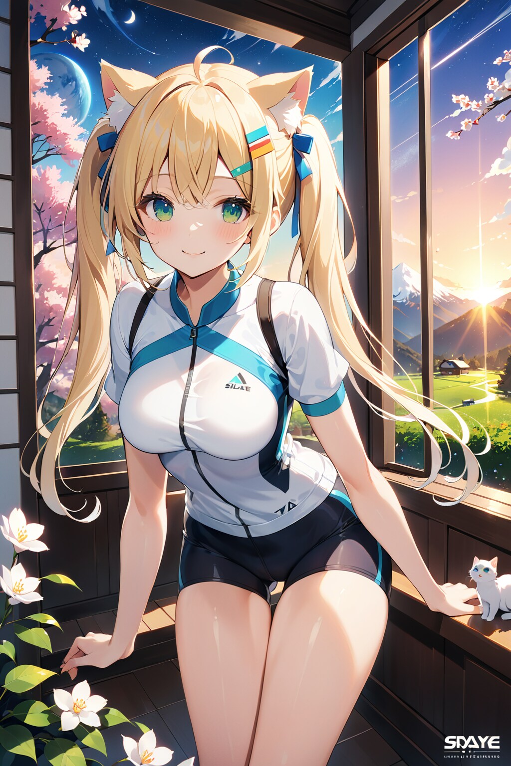夕暮れの窓際に金髪ツインテール（猫耳）ちゃん!