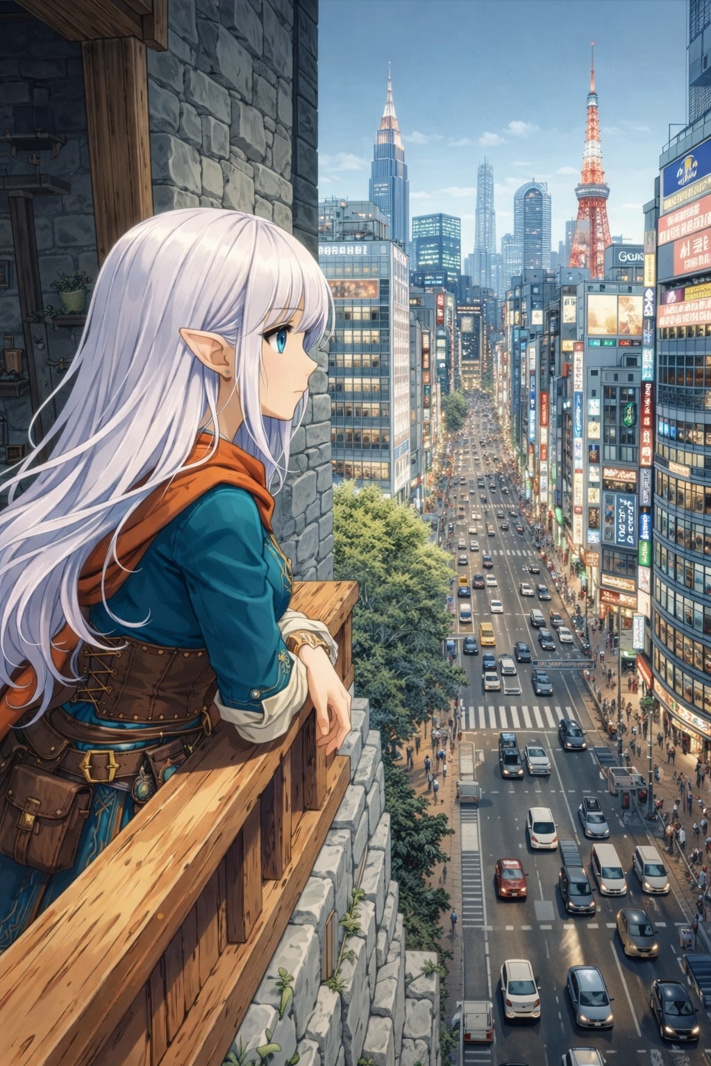 境界のバルコニー ― 中世と東京を見下ろす少女 | の人気AIイラスト・グラビア