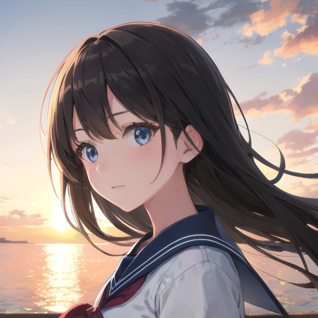 夕暮れの海のそばで