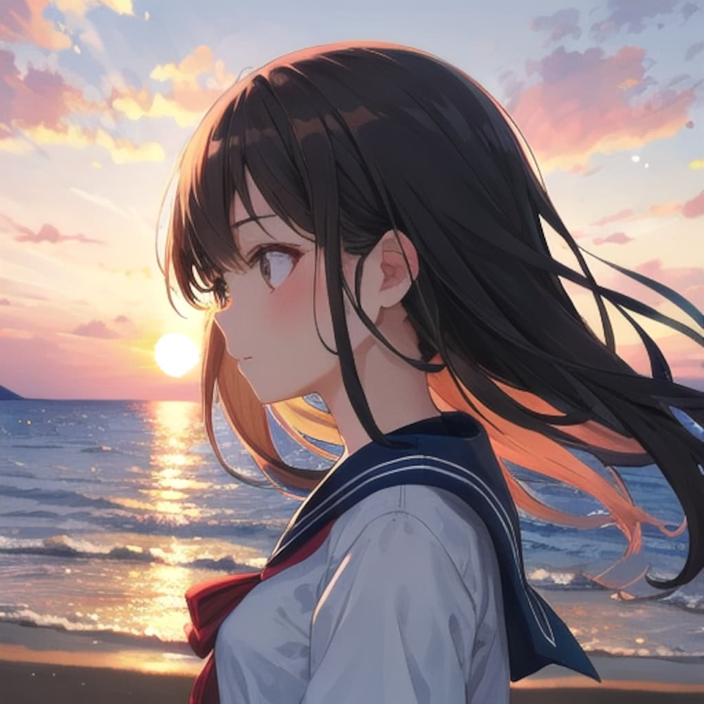 夕暮れの海のそばで