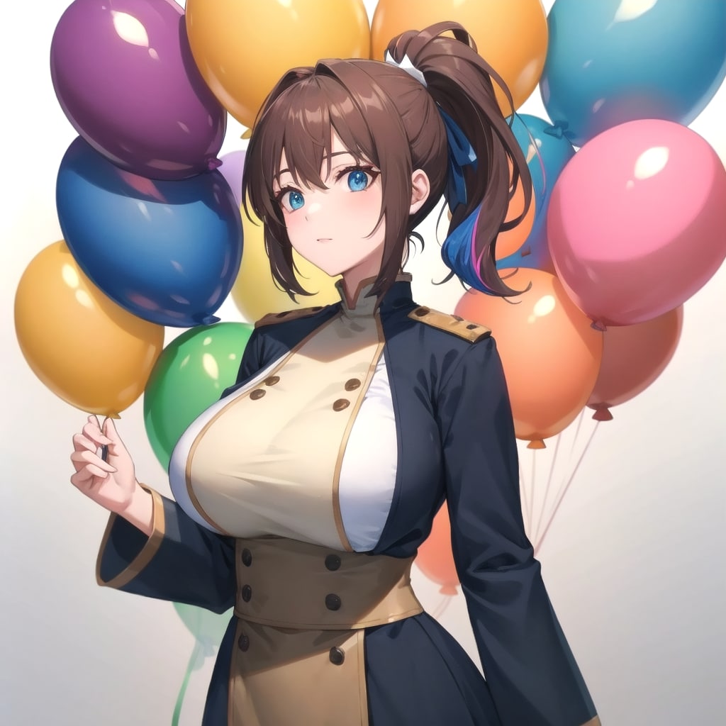 いっぱい色とりどりの風船を持つブラウンポニーテールの修道服着た美女