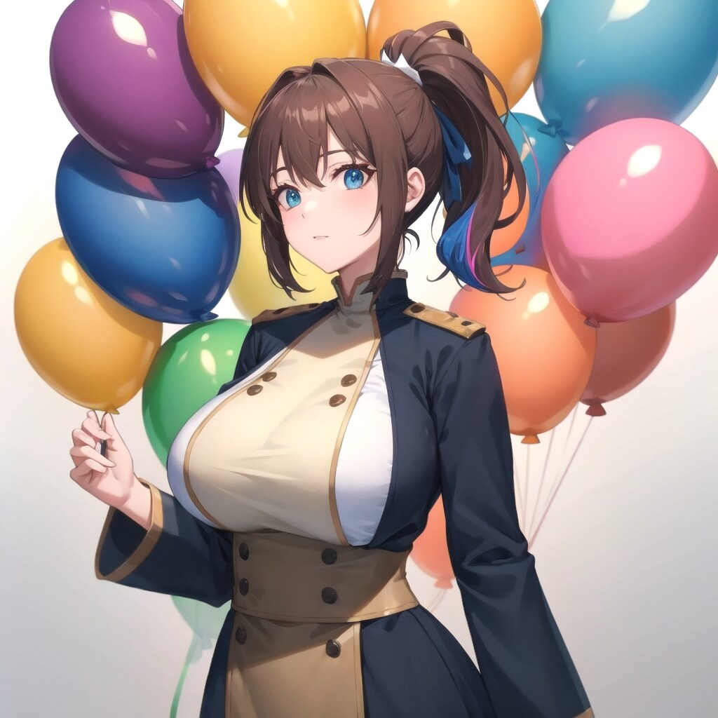 いっぱい色とりどりの風船を持つブラウンポニーテールの修道服着た美女