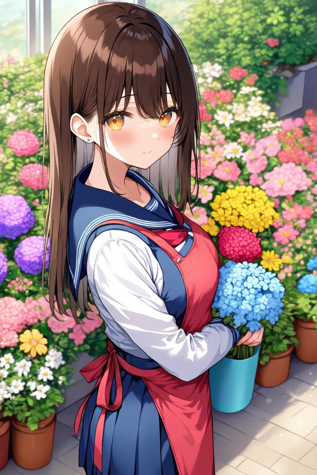 帰宅後に家の手伝いをする女の子　花屋さん