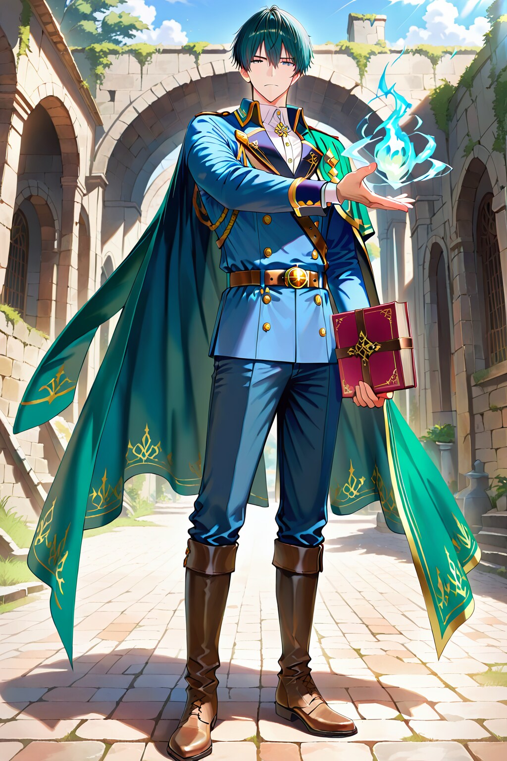 ファンタジーな古代遺跡の前、大きな男性魔導師1-1-1-1-3-2 | の人気AIイラスト・グラビア